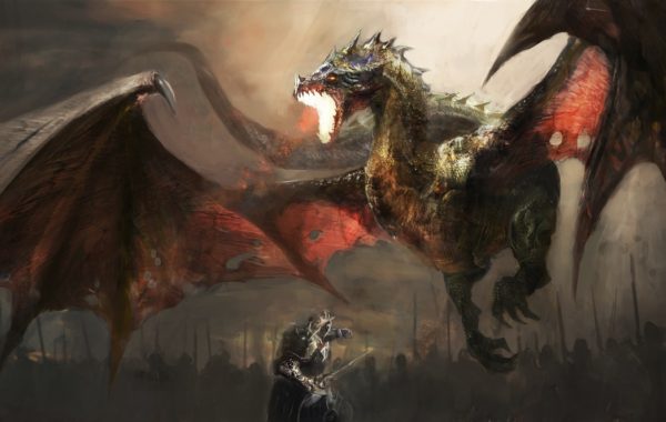 fantasy scene knight fighting dragon